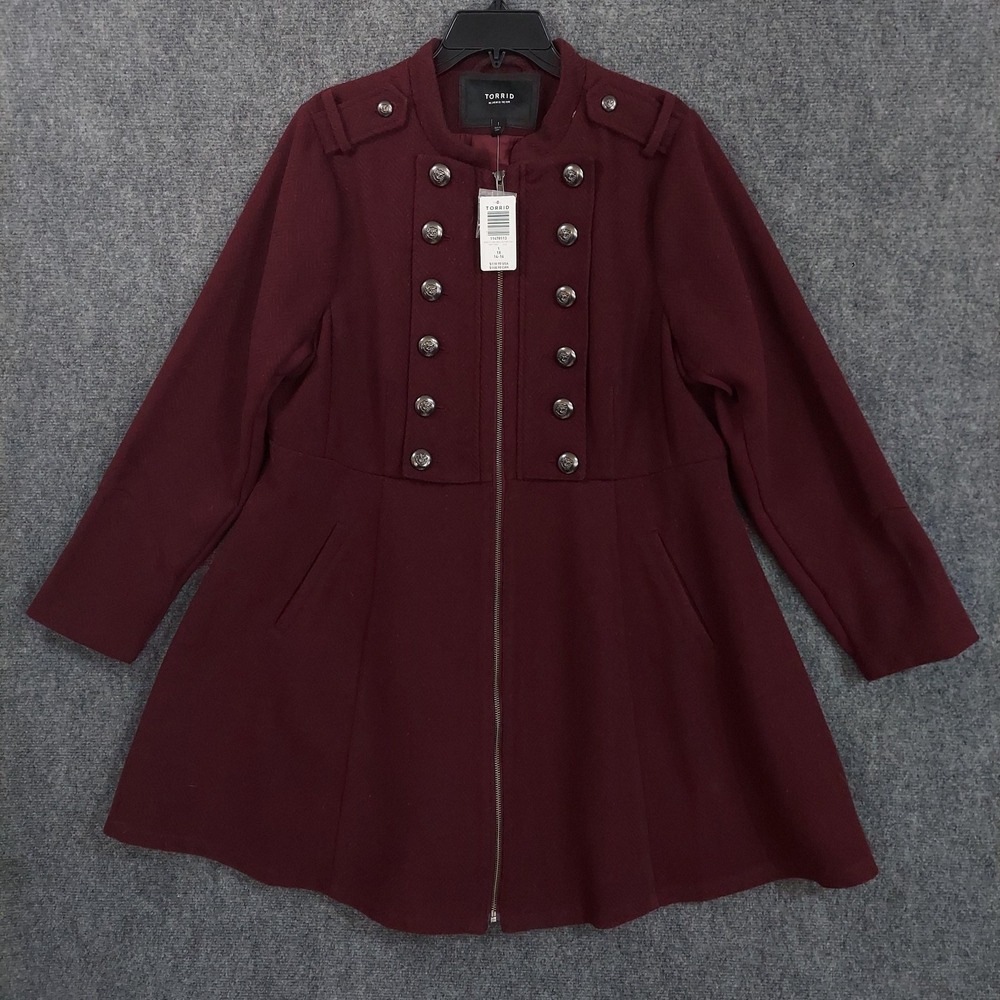 Torrid Coat Womens 1X Burgundy Wool Military Full Zip Lined Pockets Herringbone